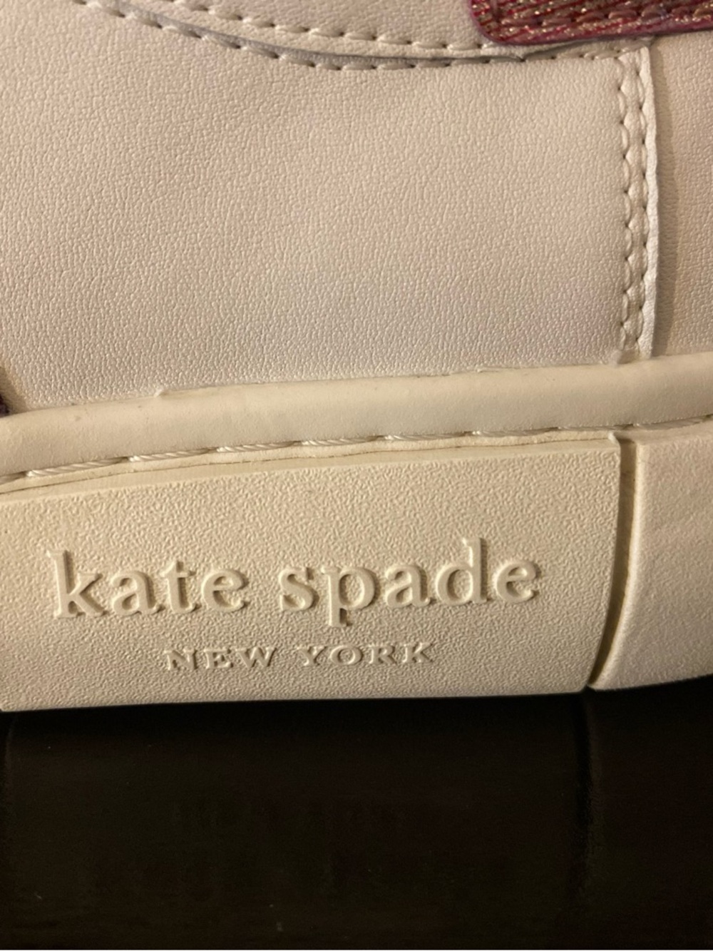 Kate Spade White Leather Sneakers with Pink & Burgundy Stripes - Picture 2 of 11